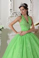 2019 Spring Green Halter Floor Length Quinceanera Ball