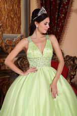 Straps V Neckline Yellow Green Open Back Quinceanera Dress