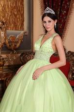 Straps V Neckline Yellow Green Open Back Quinceanera Dress