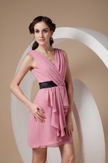 Pearl Pink V Neckline Sweet Sixteen Dress With Black Sash