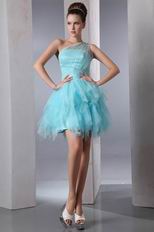 One Shoulder Cascade Skirt Aqua Sweet 16 Dress For Short