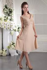 V-neck Tea-length Champagne Chiffon Sweet Sixteen Dresses