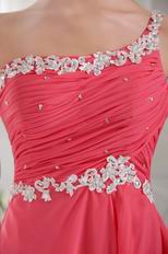 One Shoulder Short Chiffon Coral Red Sweet 16 Dress With Applique