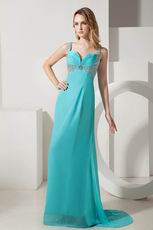 Straps Ruched Bodice Turquoise Chiffon Prom Dress With Beading