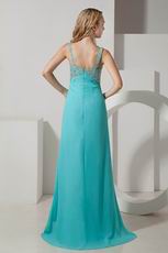 Straps Ruched Bodice Turquoise Chiffon Prom Dress With Beading