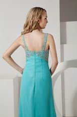 Straps Ruched Bodice Turquoise Chiffon Prom Dress With Beading