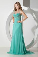 Beaded Straps Turquoise Blue Chiffon Prom Celebrity Dress