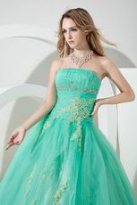 Fashion Strapless Spring Green Evening Ball Gown With Applique