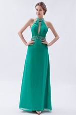 Halter Top Backless Cyan Blue Chiffon Prom Dress With Beading