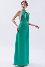 Halter Top Backless Cyan Blue Chiffon Prom Dress With Beading
