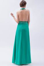 Halter Top Backless Cyan Blue Chiffon Prom Dress With Beading