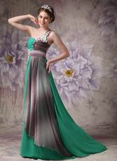 Turquoise Contrast Color Chiffon Fabric One Shoulder Prom Dress