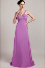 V Neckline Lilac Chiffon Handmade Long A-line Prom Dress