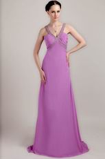 V Neckline Lilac Chiffon Handmade Long A-line Prom Dress