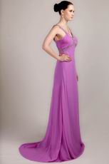 V Neckline Lilac Chiffon Handmade Long A-line Prom Dress