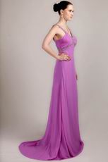 V Neckline Lilac Chiffon Handmade Long A-line Prom Dress