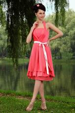 Pretty Halter Pink Bridesmaid Dress With Ribbon On Sale
