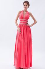 Cheap Halter Front Split Deep Pink Chiffon Evening Dress