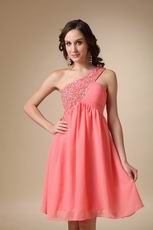 Watermelon Beaded Short Prom Dress With One Shoulder Skirt