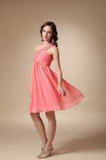 Watermelon Beaded Short Prom Dress With One Shoulder Skirt