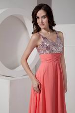 Straps Watermelon Best Prom Dress With Sequin Bodice
