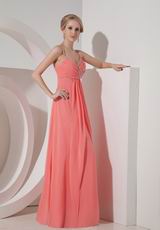 Spaghetti Straps Top Designer Watermelon Chiffon Prom Dress