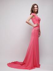 Off Shoulder Coral Red V-neck Dresses For Evening Wear