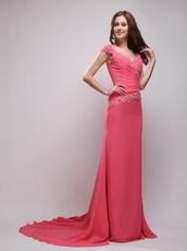 Off Shoulder Coral Red V-neck Dresses For Evening Wear