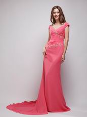 Off Shoulder Coral Red V-neck Dresses For Evening Wear