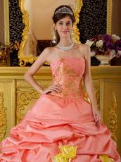 Watermelon Quinceanera Dress With Hand Made Yellow Flower