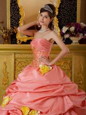 Watermelon Quinceanera Dress With Hand Made Yellow Flower