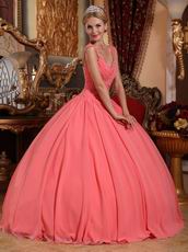 Watermelon Chiffon V-neck 2014 Spring Quinceanera Gown