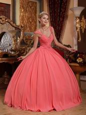 Watermelon Chiffon V-neck 2014 Spring Quinceanera Gown