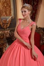 Watermelon Chiffon V-neck 2014 Spring Quinceanera Gown