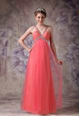 Cheap V-neck Watermelon Chiffon Dress For 2014 Prom Wear