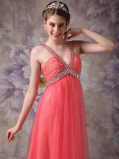 Cheap V-neck Watermelon Chiffon Dress For 2014 Prom Wear