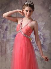 Cheap V-neck Watermelon Chiffon Dress For 2014 Prom Wear