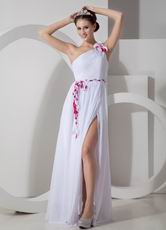 Sexy One Shoulder High Split White Prom Dress With Colorful Sash