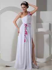 Sexy One Shoulder High Split White Prom Dress With Colorful Sash