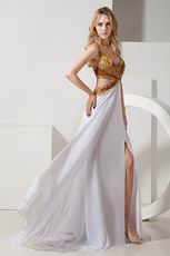 Inexpensive Straps Backless Gold And White Evening Dress