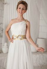 Single Shoulder Floor-length White Chiffon Prom Dress With Split