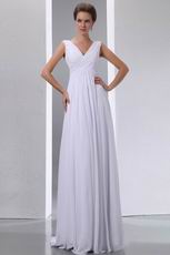 Formal V-neck Floor Length White Chiffon Prom Party Dress