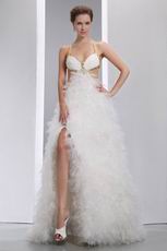 Backless Front Split Ruffled Skirt Prom Dress With Golden Crystal