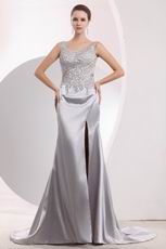 Exclusive Backless Split Silver Evening Dress With Applique