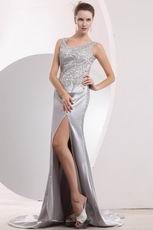 Exclusive Backless Split Silver Evening Dress With Applique