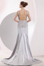 Exclusive Backless Split Silver Evening Dress With Applique