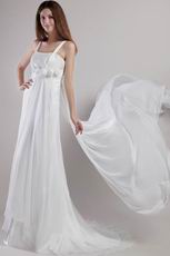 Watteau Train White Chiffon Prom Gown With Handmade Flowers