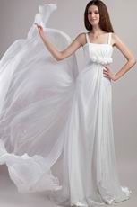 Watteau Train White Chiffon Prom Gown With Handmade Flowers