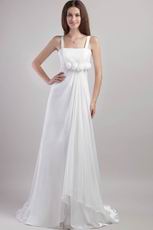 Watteau Train White Chiffon Prom Gown With Handmade Flowers