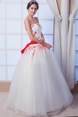 Elegant Strapless White Puffy Prom Ball Gown With Red Embroidery